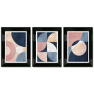 Set of 3 Navy and Blush Abstract Framed Art Prints with Glossy Black Frames