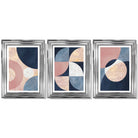 Set of 3 Navy and Blush Abstract Framed Art Prints with Glossy Chrome Frames