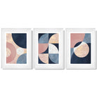 Set of 3 Navy and Blush Abstract Framed Art Prints with Glossy White Frames