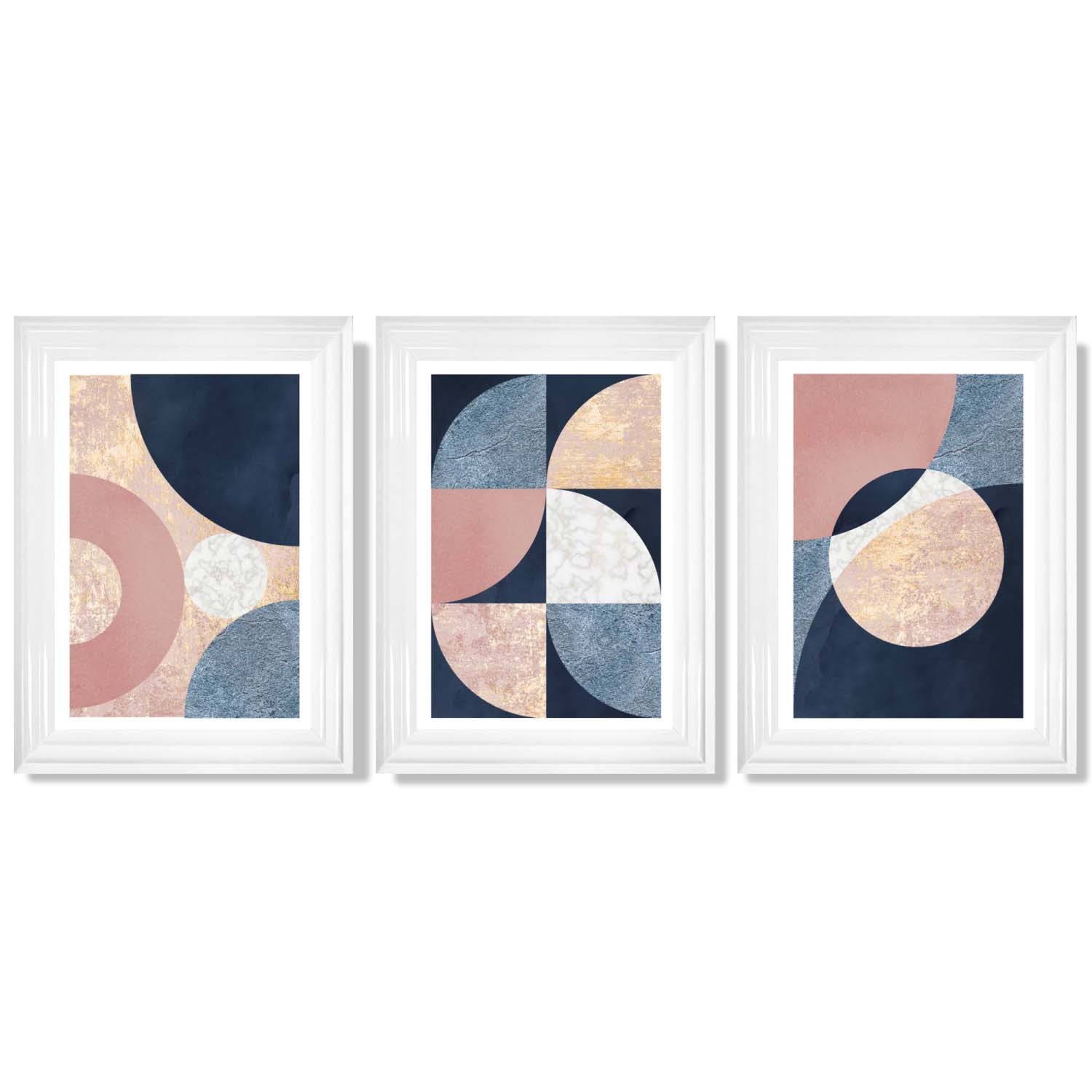 Set of 3 Navy and Blush Abstract Framed Art Prints with Glossy White Frames