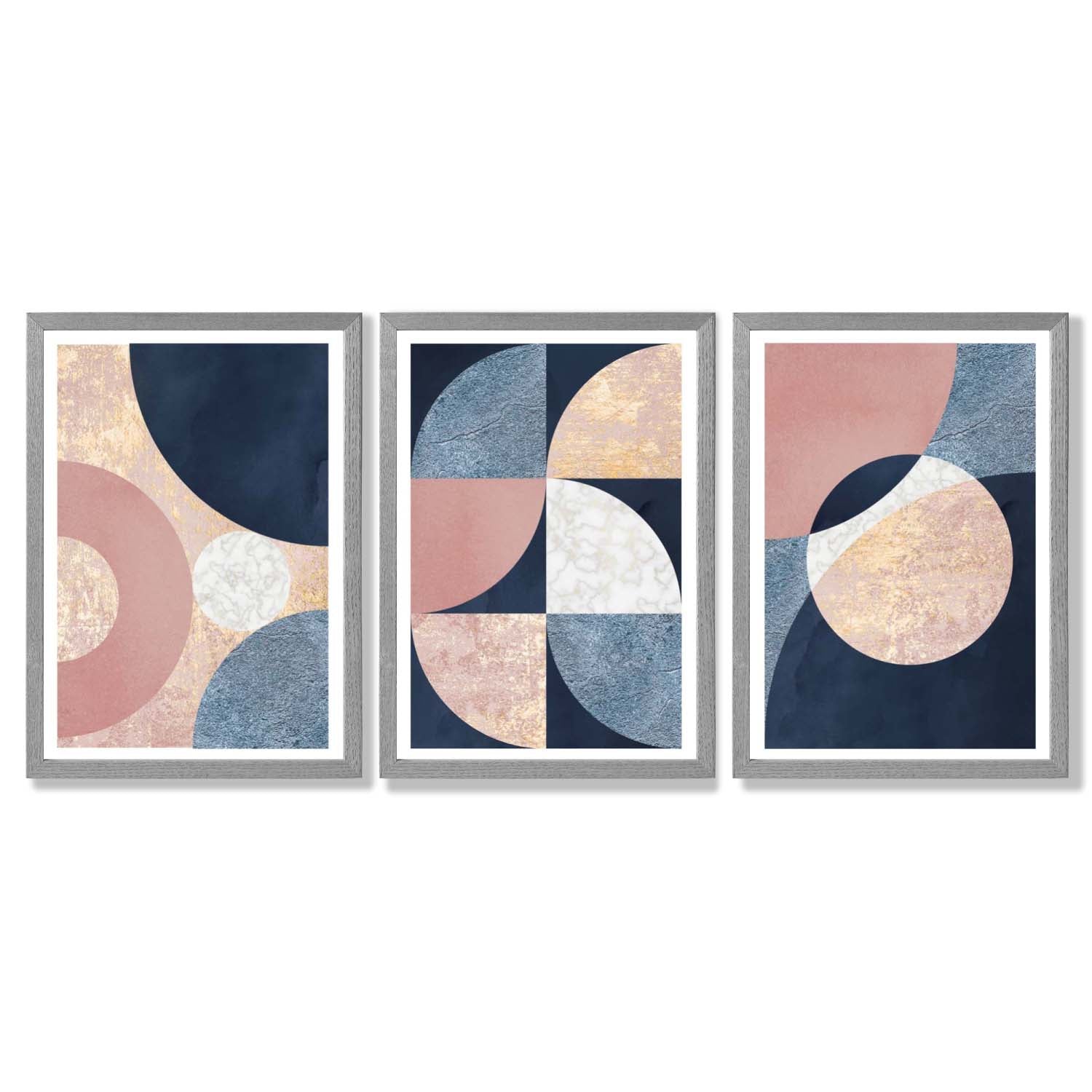 Set of 3 Navy and Blush Abstract Framed Art Prints with Light Grey Wooden Frames