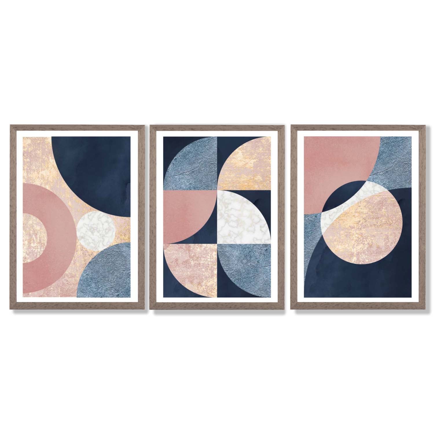 Set of 3 Navy and Blush Abstract Framed Art Prints with Light Walnut Frames