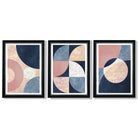 Set of 3 Navy and Blush Abstract Framed Art Prints with Vermeer Black and Silver Frames