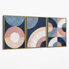 Set of 3 Blue and Pink Geometric Canvas Art Prints with Gold Float Frame