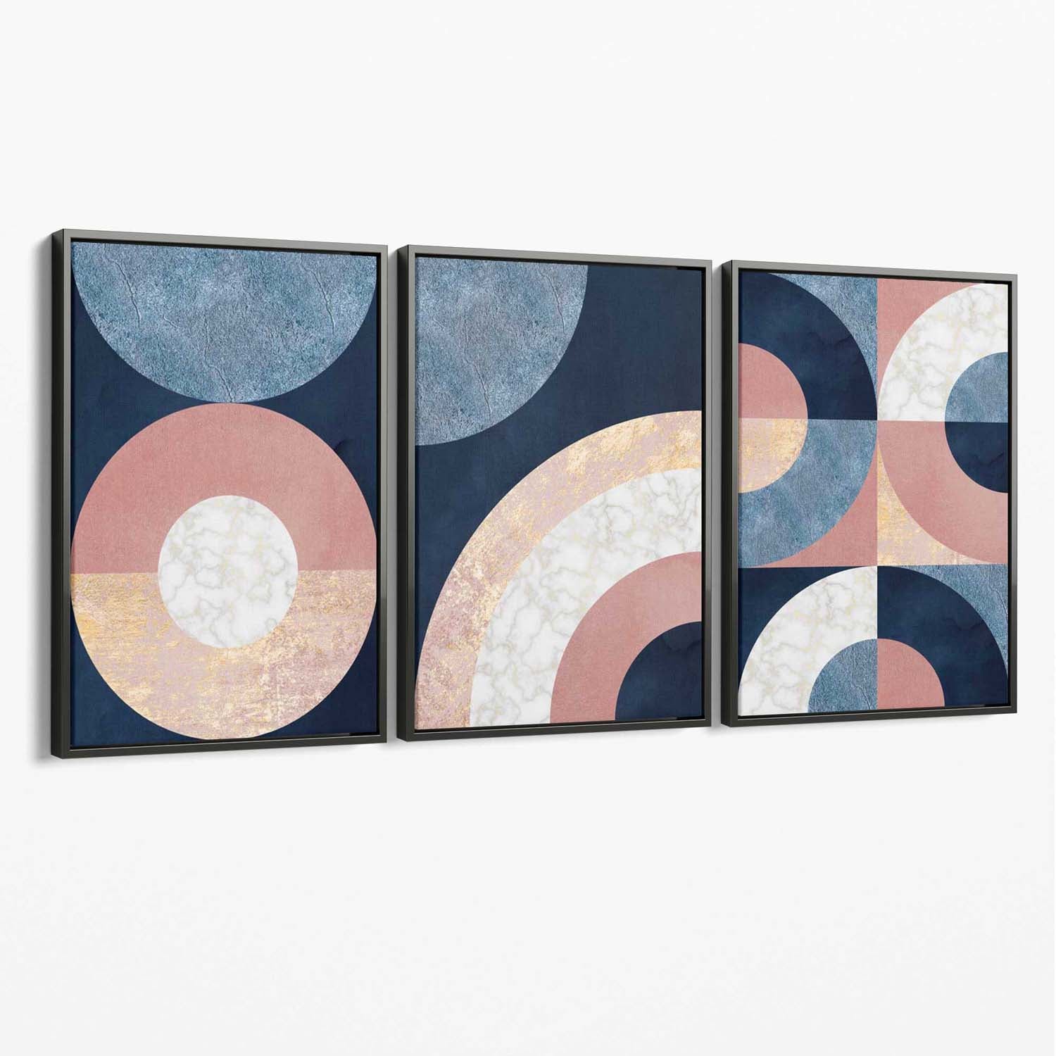 Set of 3 Blue and Pink Geometric Canvas Art Prints with Grey Float Frame