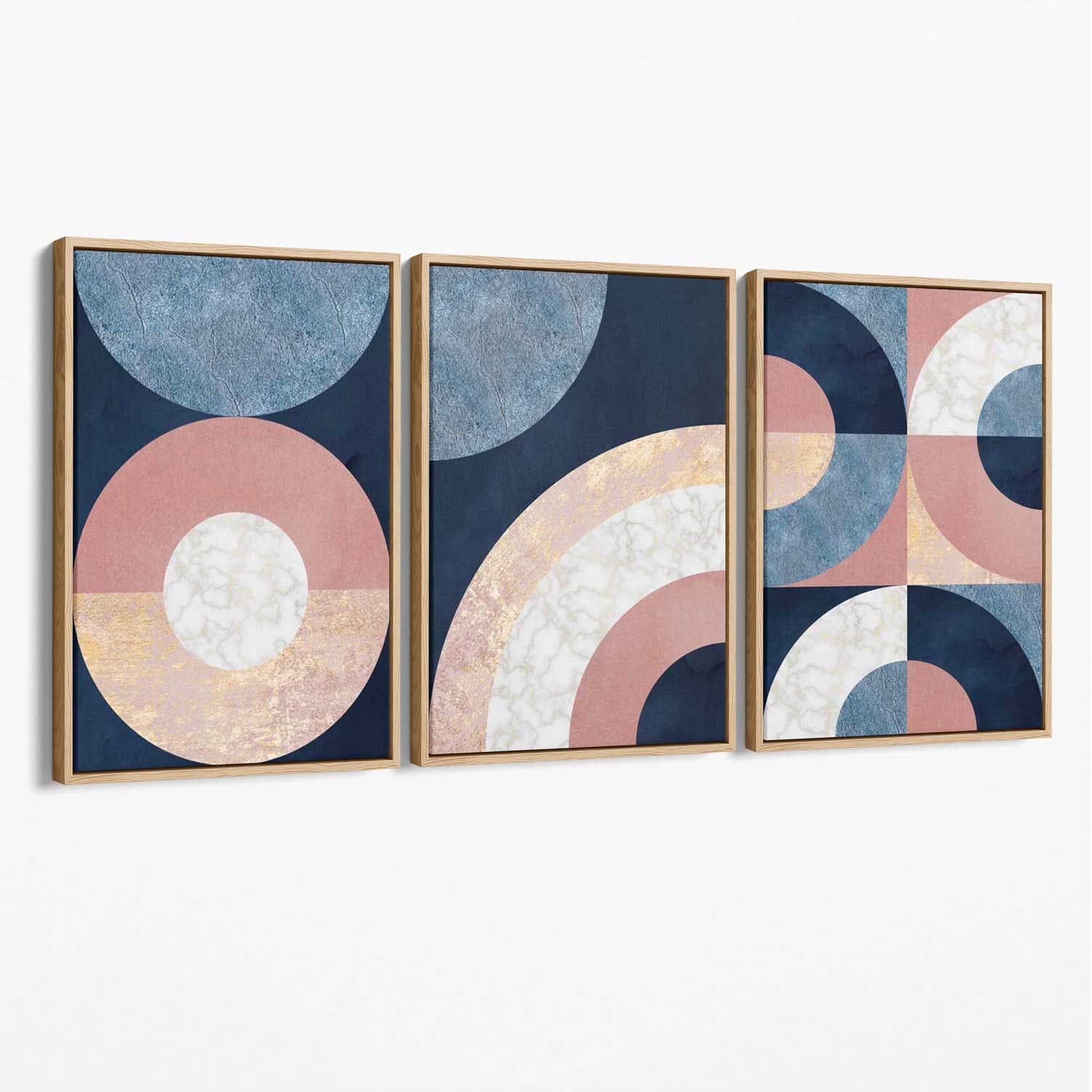 Set of 3 Blue and Pink Geometric Canvas Art Prints with Oak Float Frame