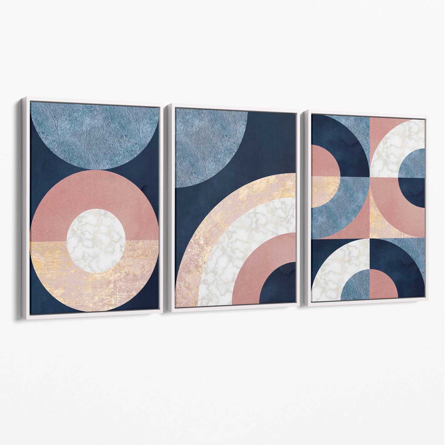 Set of 3 Blue and Pink Geometric Canvas Art Prints with White Float Frame