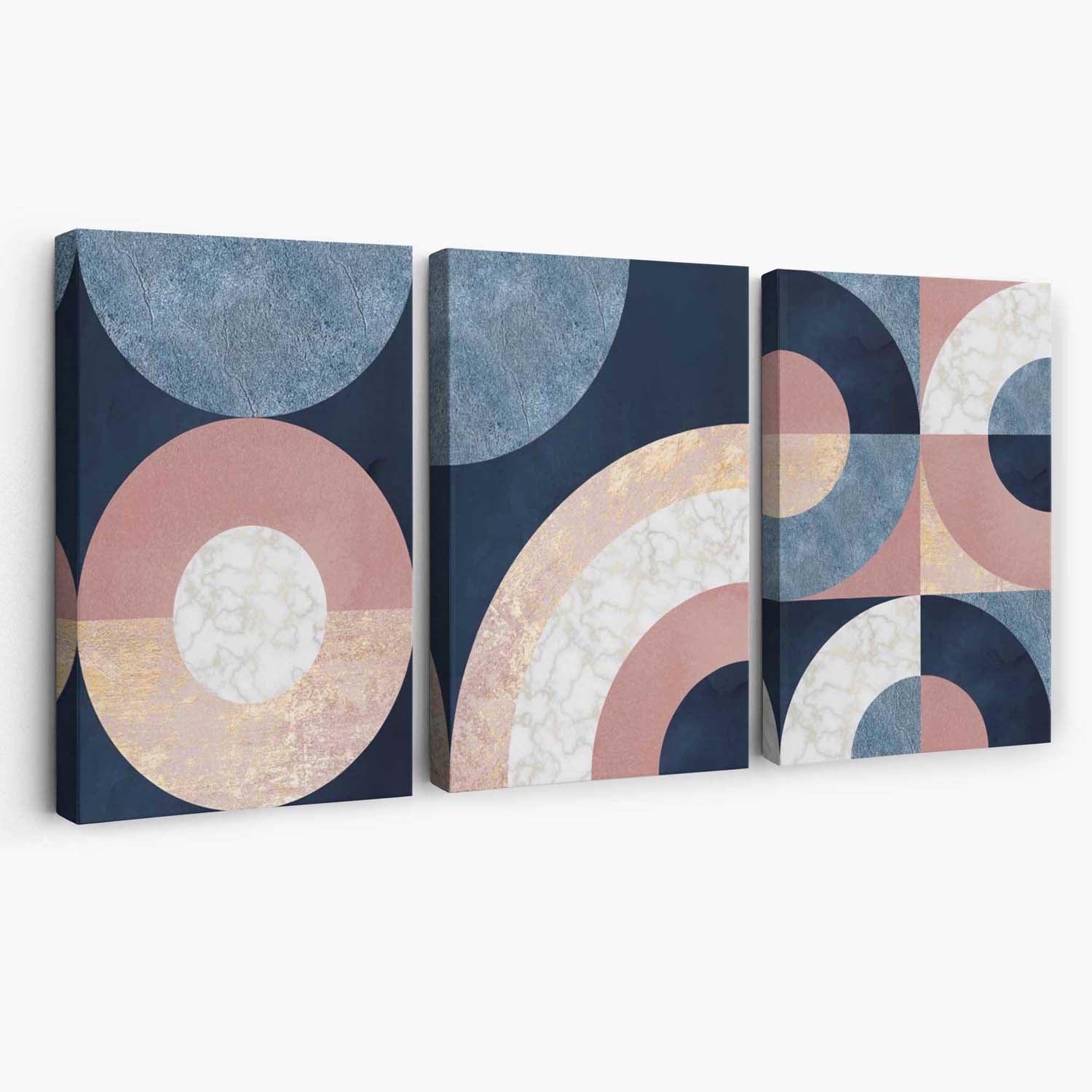 Set of 3 Blue and Pink Geometric Canvas Art Prints | Artze Wall Art