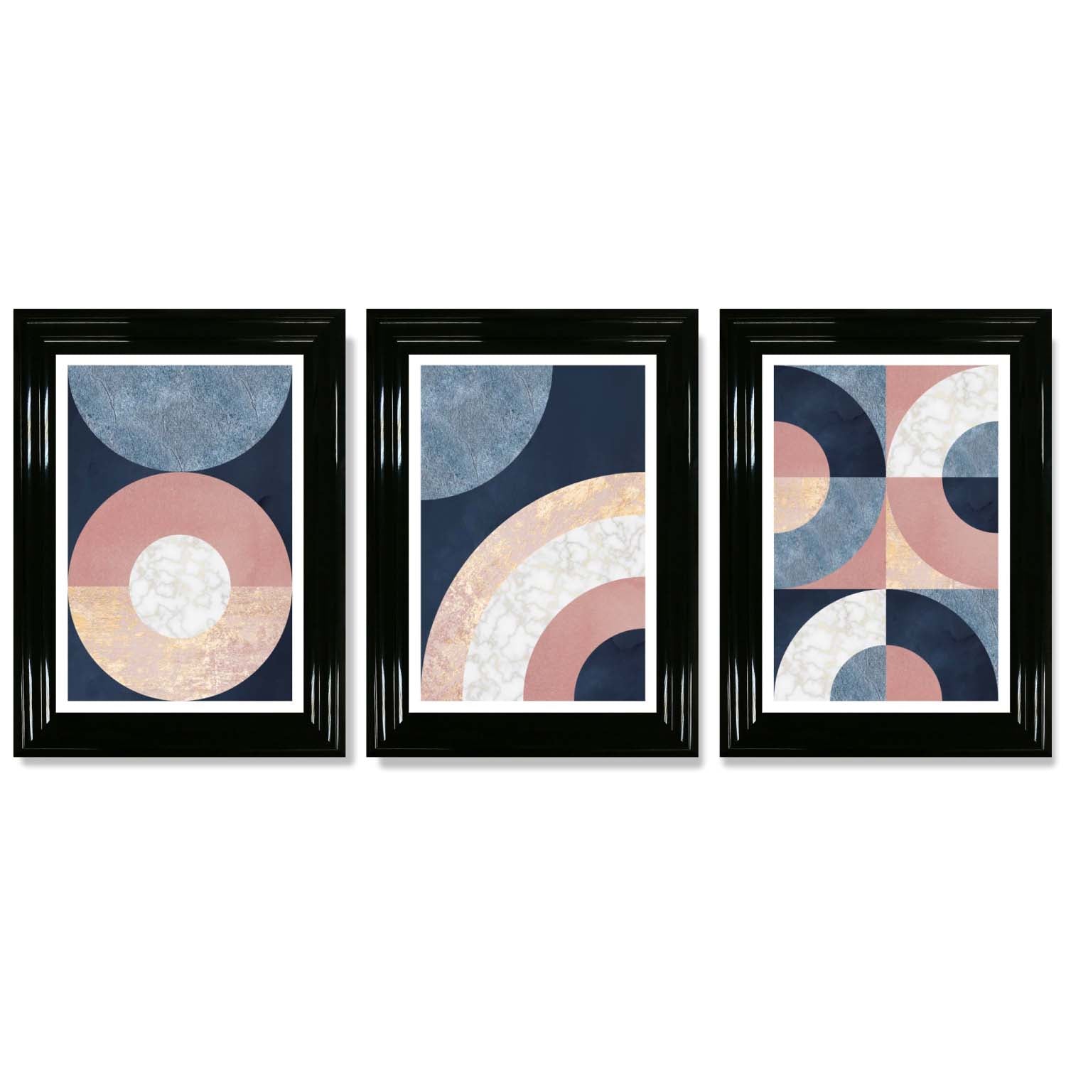 Set of 3 Blue and Pink Geometric Framed Art Prints with Glossy Black Frames