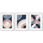 Set of 3 Blue and Pink Geometric Framed Art Prints with Glossy White Frames