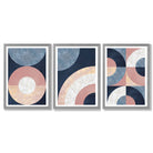 Set of 3 Blue and Pink Geometric Framed Art Prints with Light Grey Wooden Frames