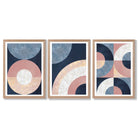 Set of 3 Blue and Pink Geometric Framed Art Prints with Light Oak Frames