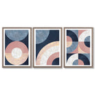 Set of 3 Blue and Pink Geometric Framed Art Prints with Light Walnut Frames