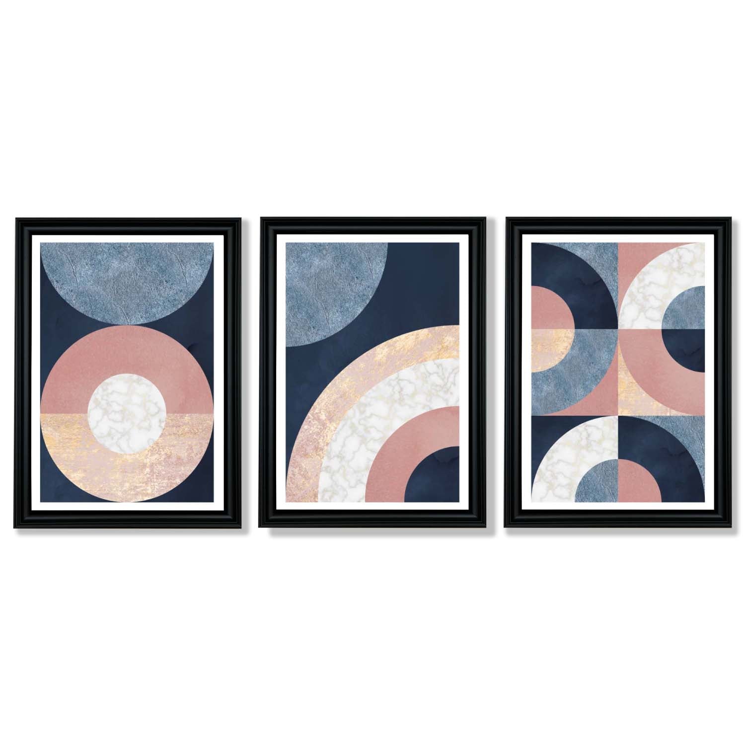 Set of 3 Blue and Pink Geometric Framed Art Prints with Vermeer Black Frames