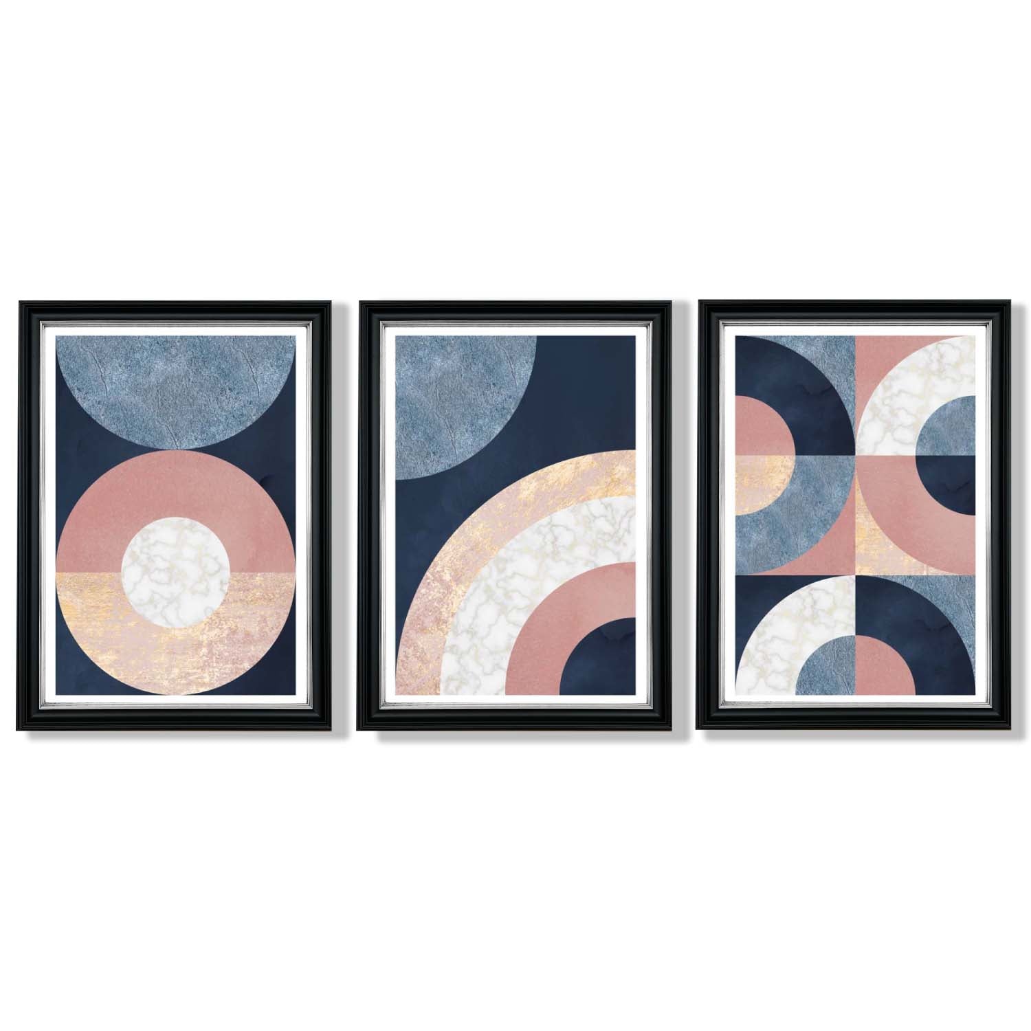 Set of 3 Blue and Pink Geometric Framed Art Prints with Vermeer Black and Silver Frames