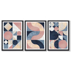 Set of 3 Navy Blue and Pink Mid Century Framed Art Prints with Black Wooden Frames