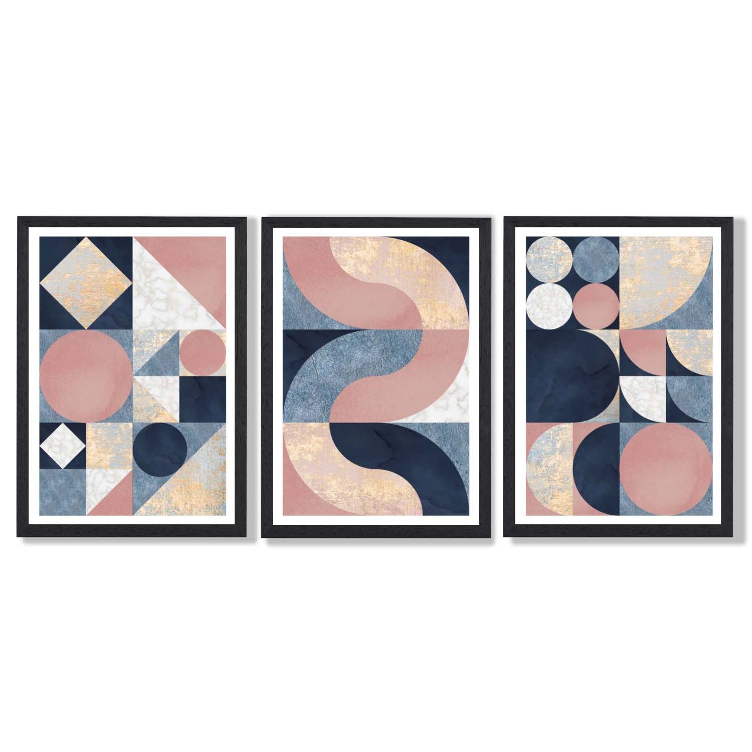 Set of 3 Navy Blue and Pink Mid Century Framed Art Prints with Black Wooden Frames