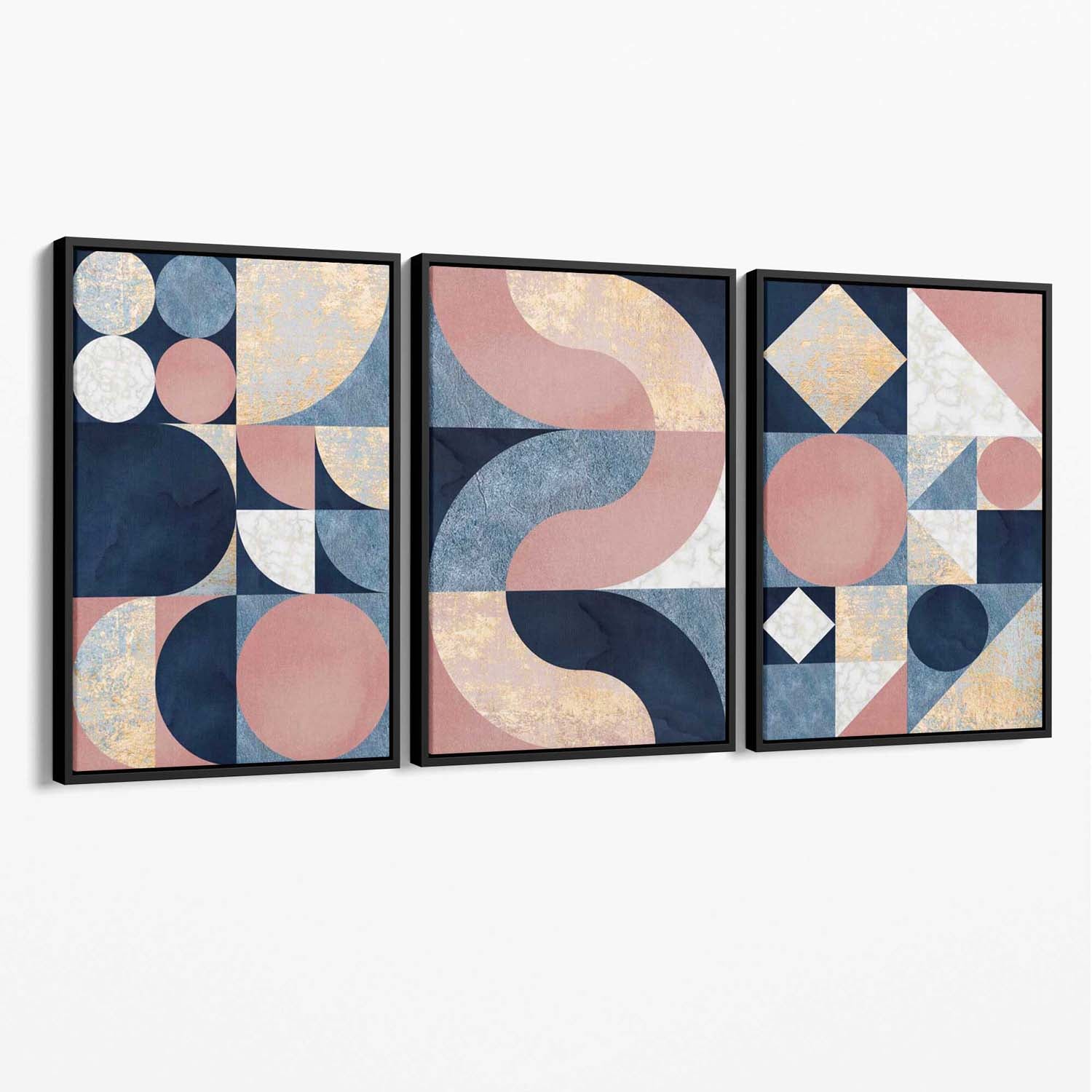 Set of 3 Navy Blue and Pink Mid Century Canvas Art Prints with Black Float Frame