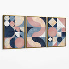 Set of 3 Navy Blue and Pink Mid Century Canvas Art Prints with Gold Float Frame