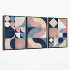 Set of 3 Navy Blue and Pink Mid Century Canvas Art Prints with Grey Float Frame