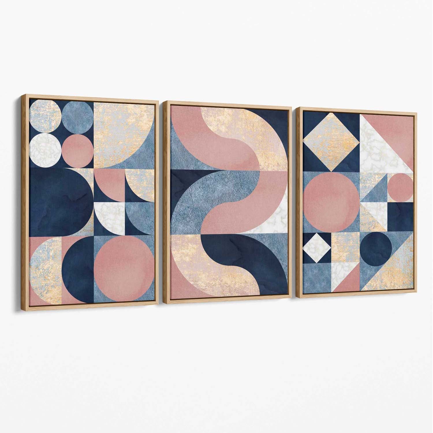 Set of 3 Navy Blue and Pink Mid Century Canvas Art Prints with Oak Float Frame