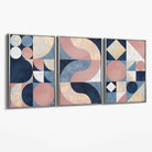 Set of 3 Navy Blue and Pink Mid Century Canvas Art Prints with Silver Float Frame