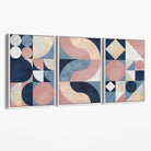 Set of 3 Navy Blue and Pink Mid Century Canvas Art Prints with White Float Frame