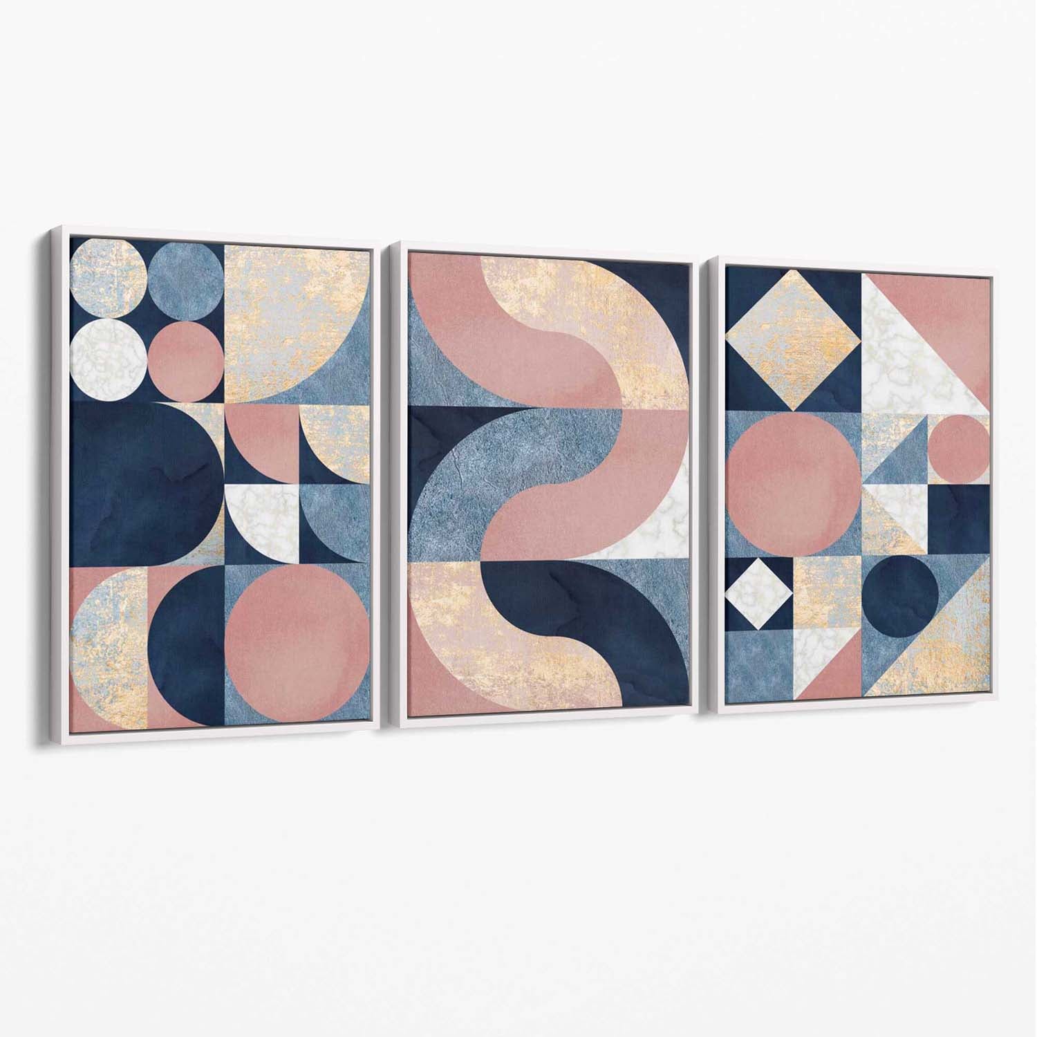 Set of 3 Navy Blue and Pink Mid Century Canvas Art Prints with White Float Frame