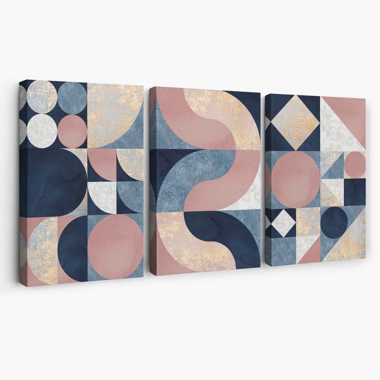 Set of 3 Navy Blue and Pink Mid Century Canvas Art Prints | Artze Wall Art