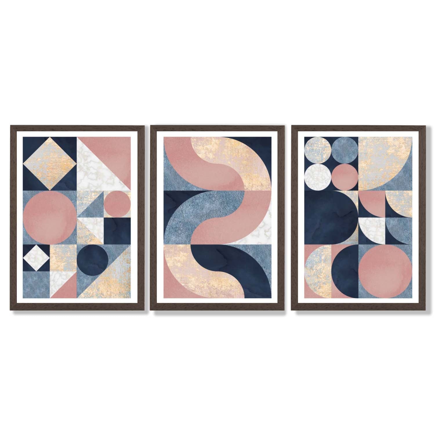 Set of 3 Navy Blue and Pink Mid Century Framed Art Prints with Dark Wood Frames