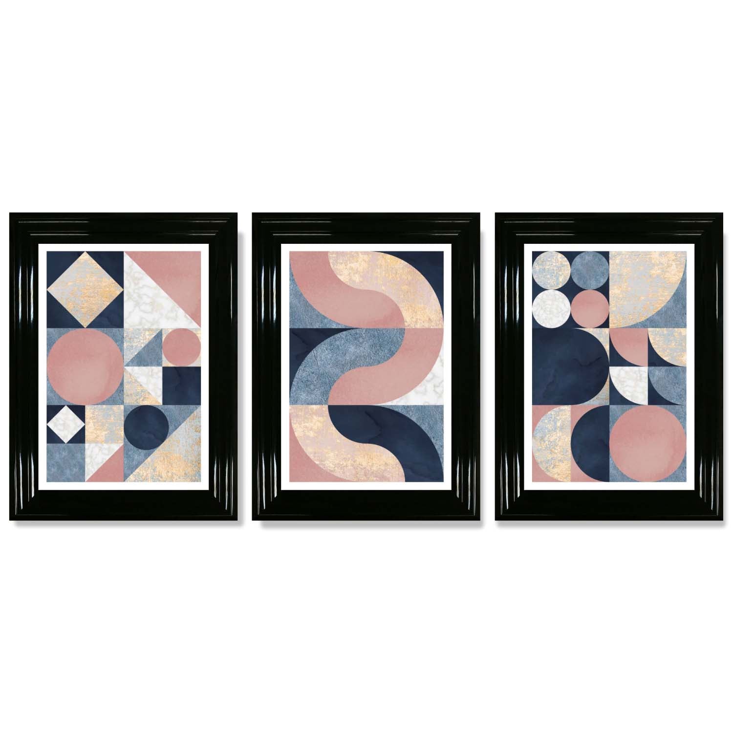 Set of 3 Navy Blue and Pink Mid Century Framed Art Prints with Glossy Black Frames