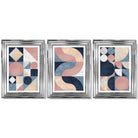 Set of 3 Navy Blue and Pink Mid Century Framed Art Prints with Glossy Chrome Frames