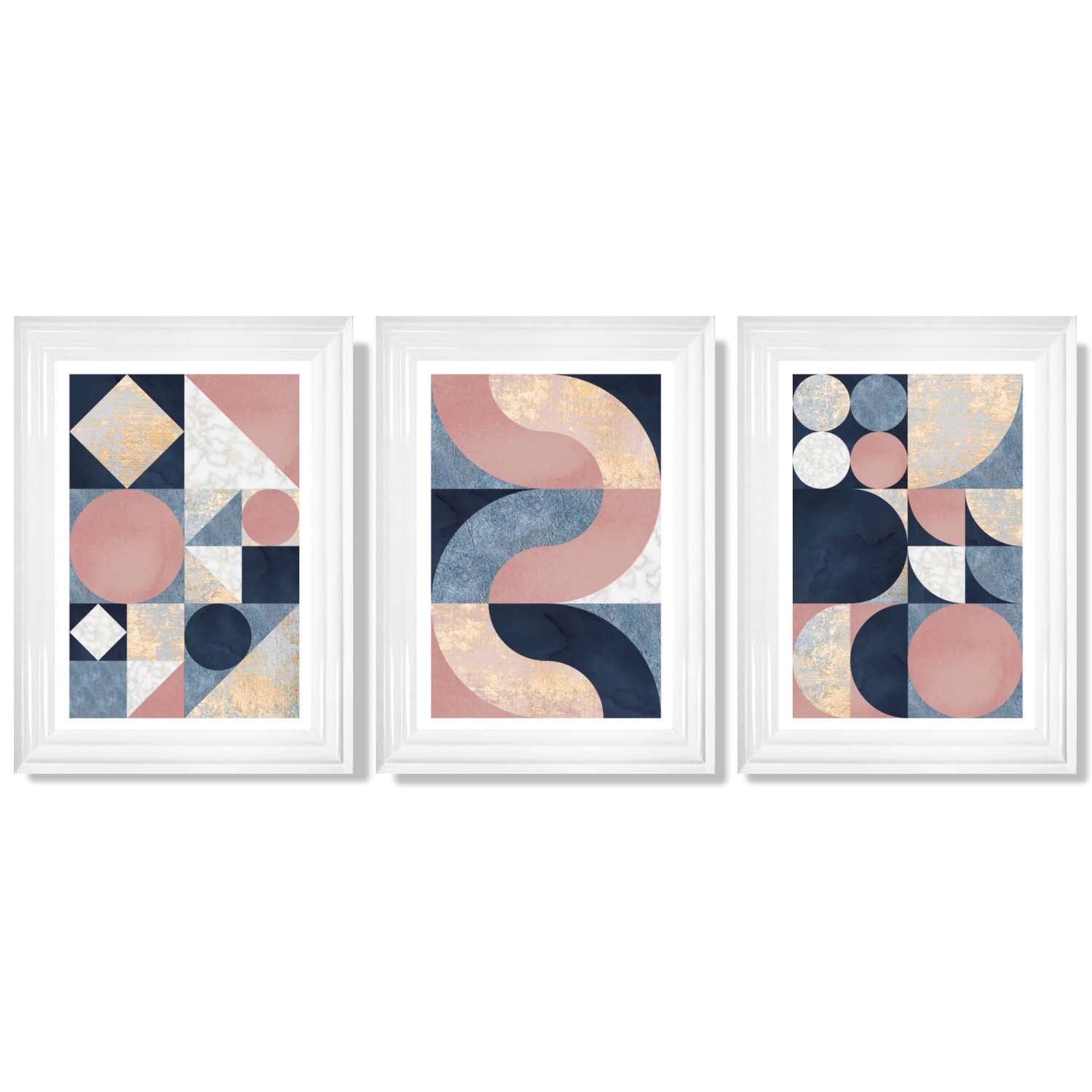 Set of 3 Navy Blue and Pink Mid Century Framed Art Prints with Glossy White Frames