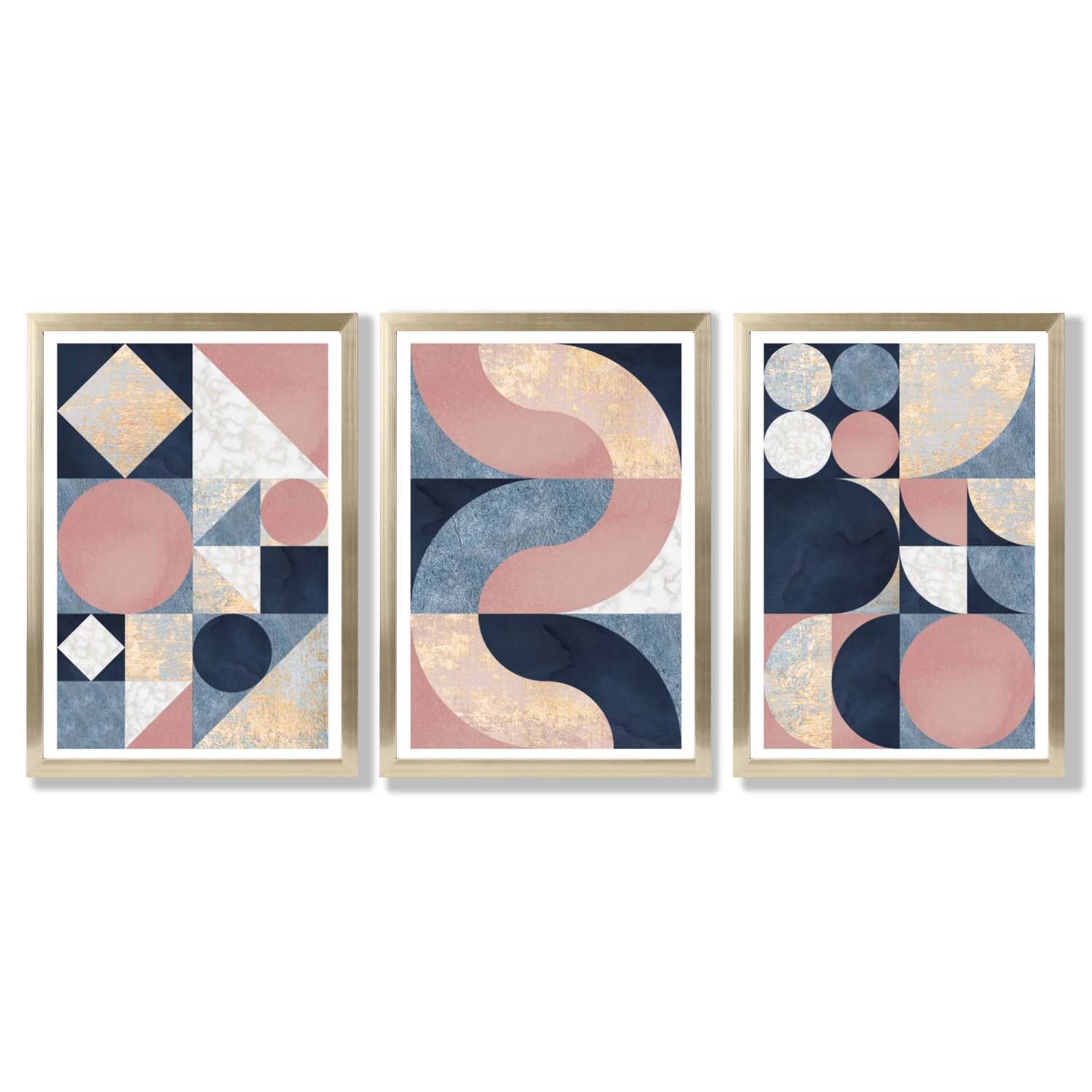 Set of 3 Navy Blue and Pink Mid Century Framed Art Prints with Gold Wood Frames