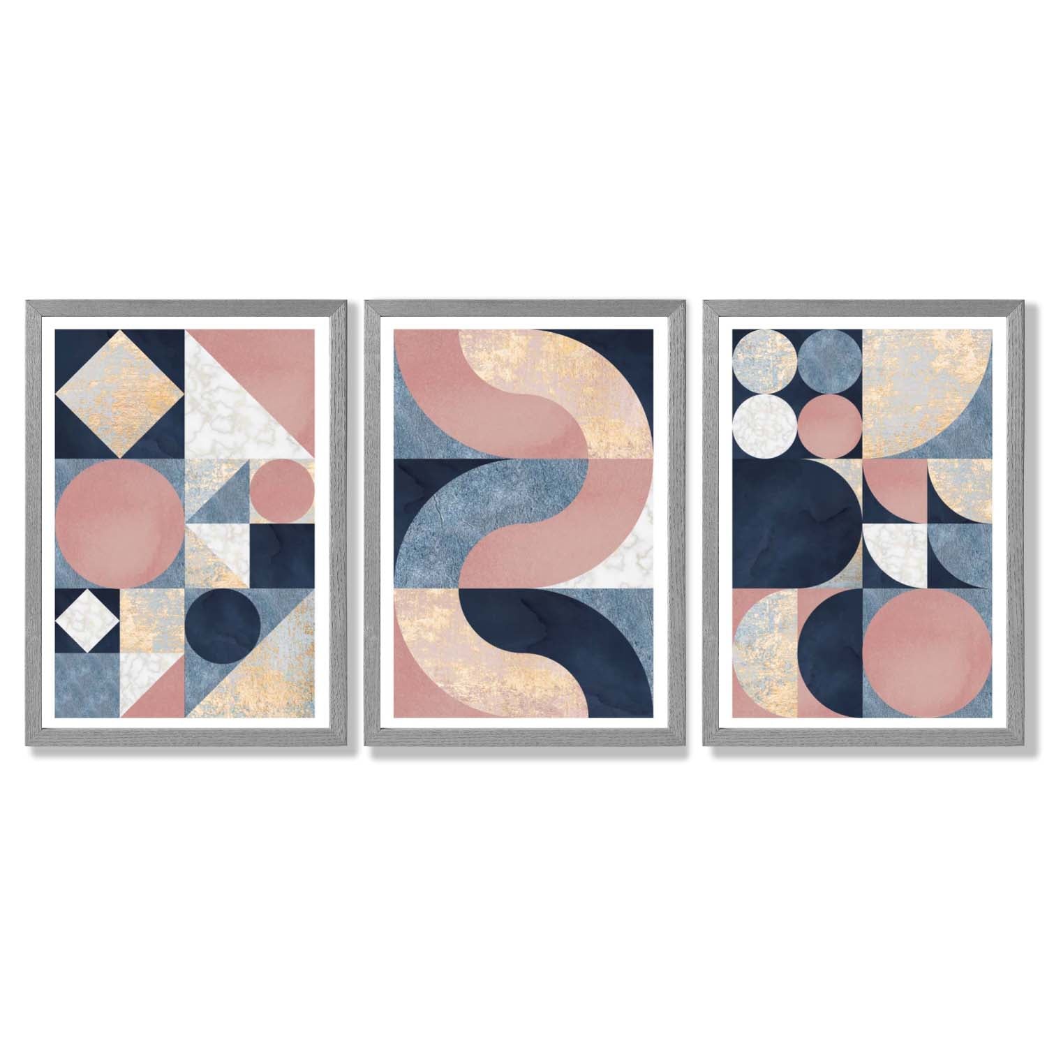 Set of 3 Navy Blue and Pink Mid Century Framed Art Prints with Light Grey Wooden Frames