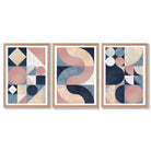 Set of 3 Navy Blue and Pink Mid Century Framed Art Prints with Light Oak Frames