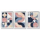 Set of 3 Navy Blue and Pink Mid Century Framed Art Prints with Silver Wood Frames