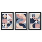 Set of 3 Navy Blue and Pink Mid Century Framed Art Prints with Vermeer Black Frames