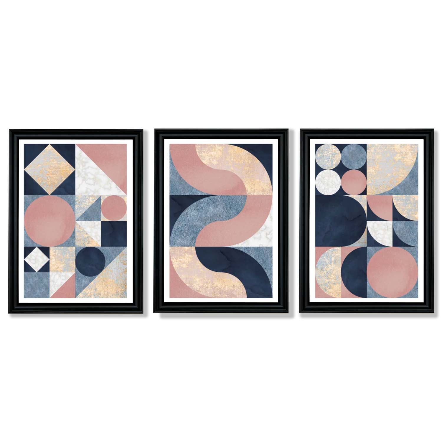 Set of 3 Navy Blue and Pink Mid Century Framed Art Prints with Vermeer Black Frames