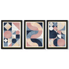 Set of 3 Navy Blue and Pink Mid Century Framed Art Prints with Vermeer Black and Gold Frames