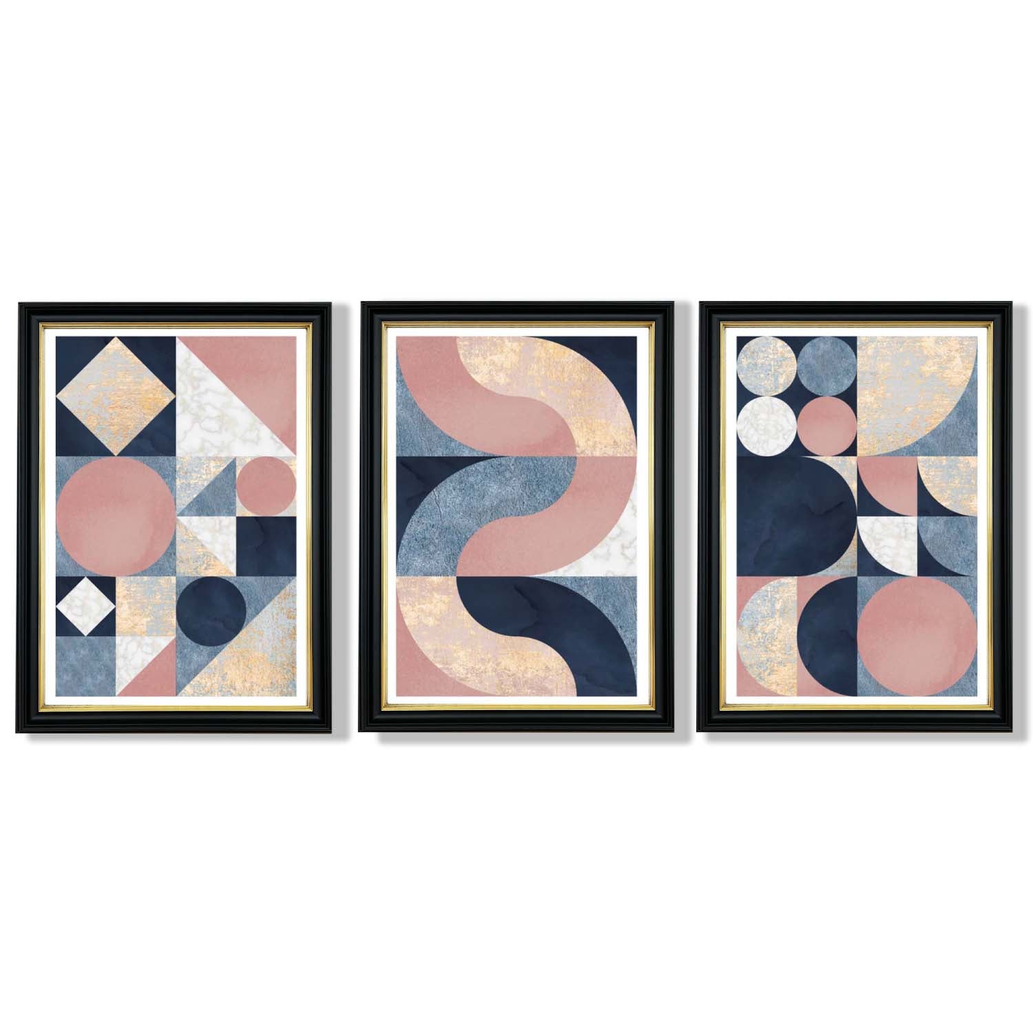 Set of 3 Navy Blue and Pink Mid Century Framed Art Prints with Vermeer Black and Gold Frames