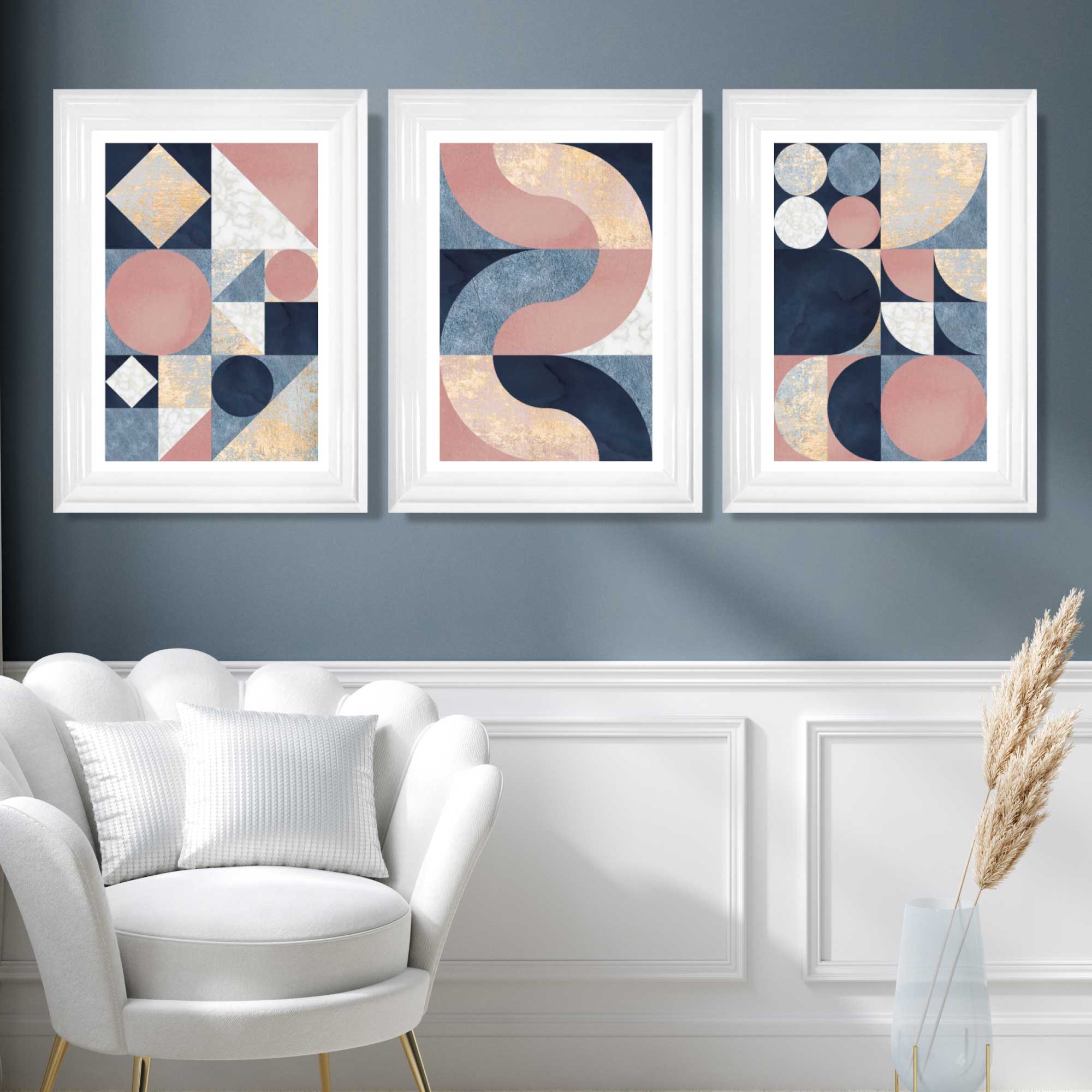 Set of 3 Navy Blue and Pink Mid Century Art Prints in Luxury Frames | Artze UK