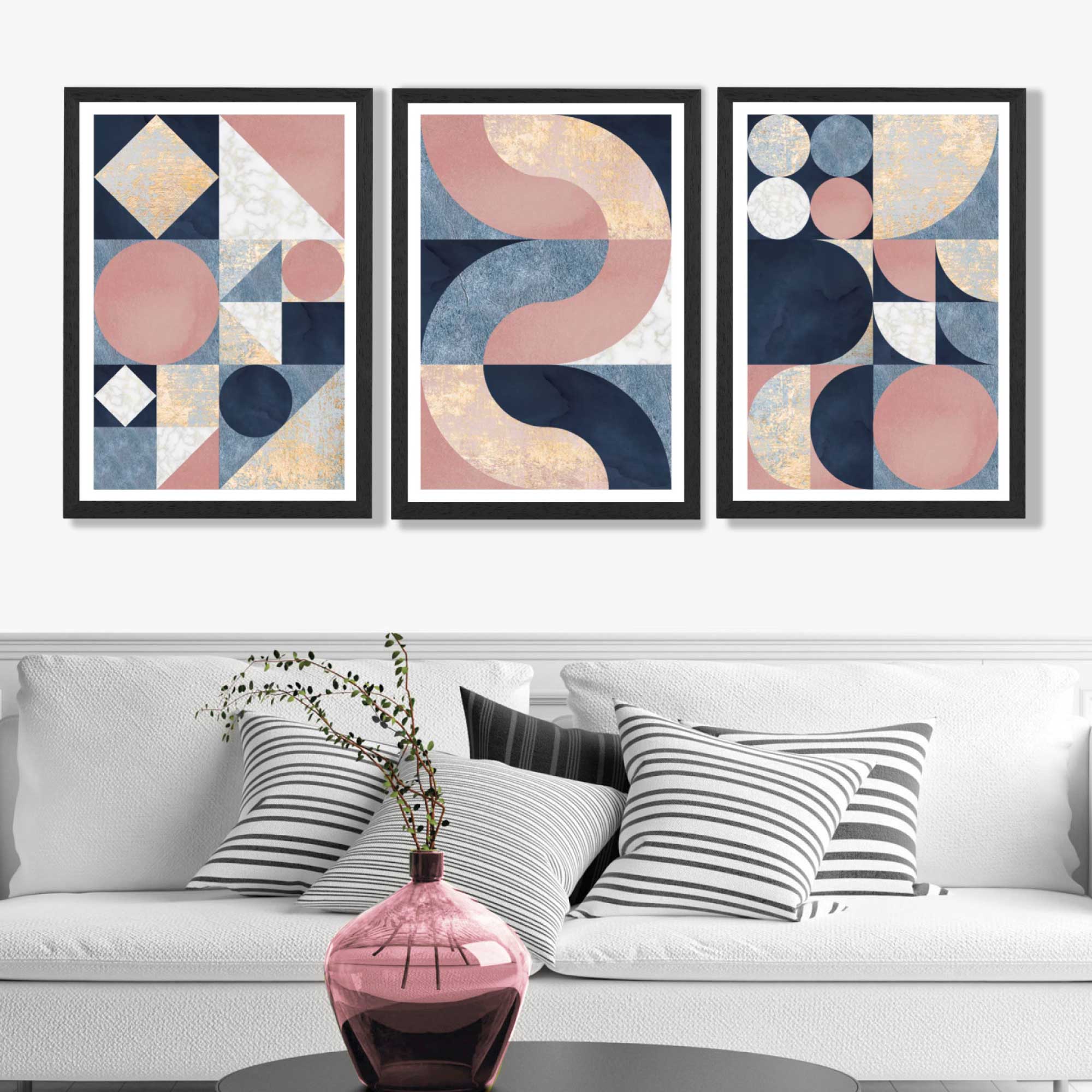 Set of 3 Navy Blue and Pink Mid Century Art Prints in Black Frames | Artze UK