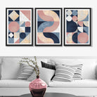 Set of 3 Navy Blue and Pink Mid Century Art Prints in Luxury Frames | Artze UK