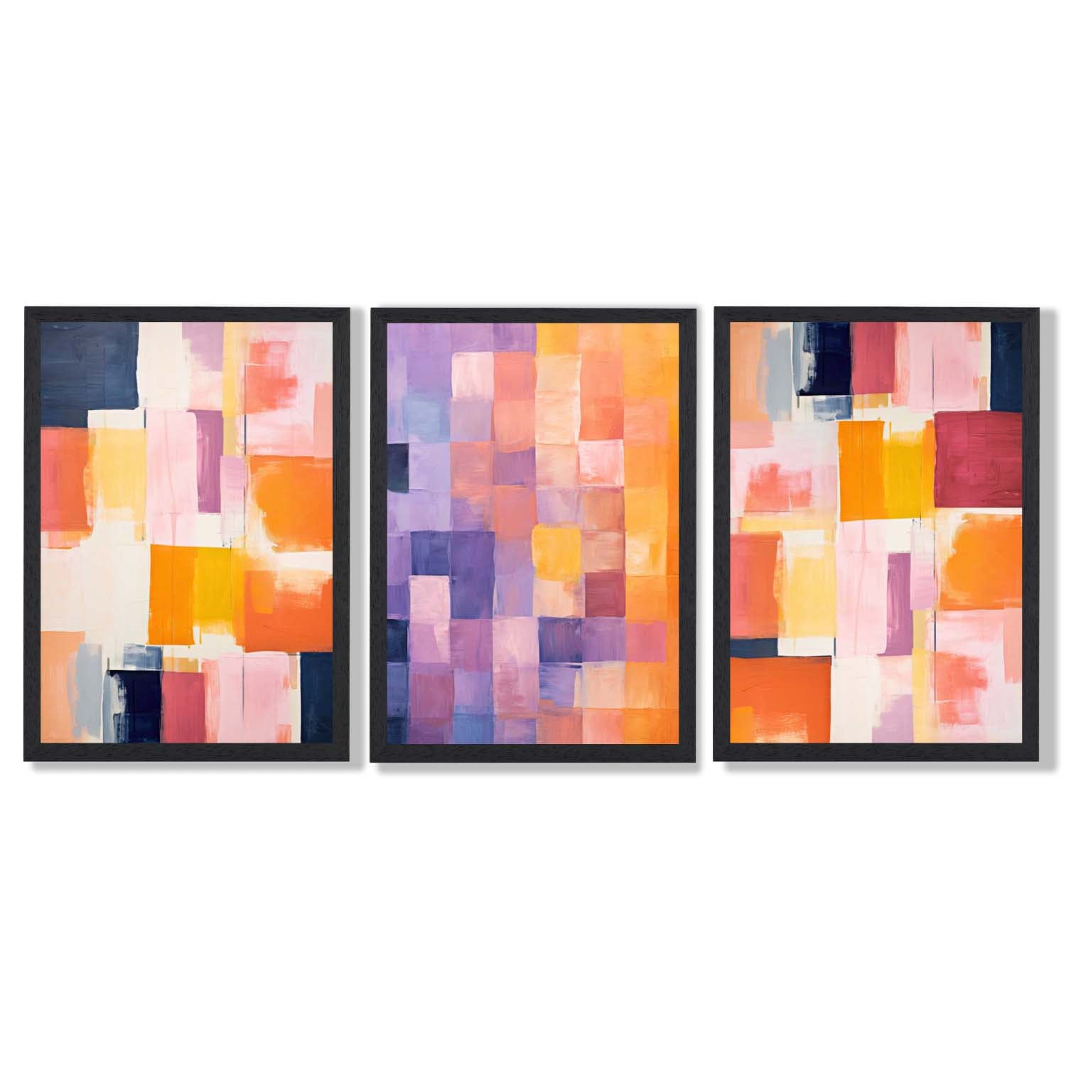 Set of 3 Purple and Pink Abstract Framed Art Prints with Black Wooden Frames