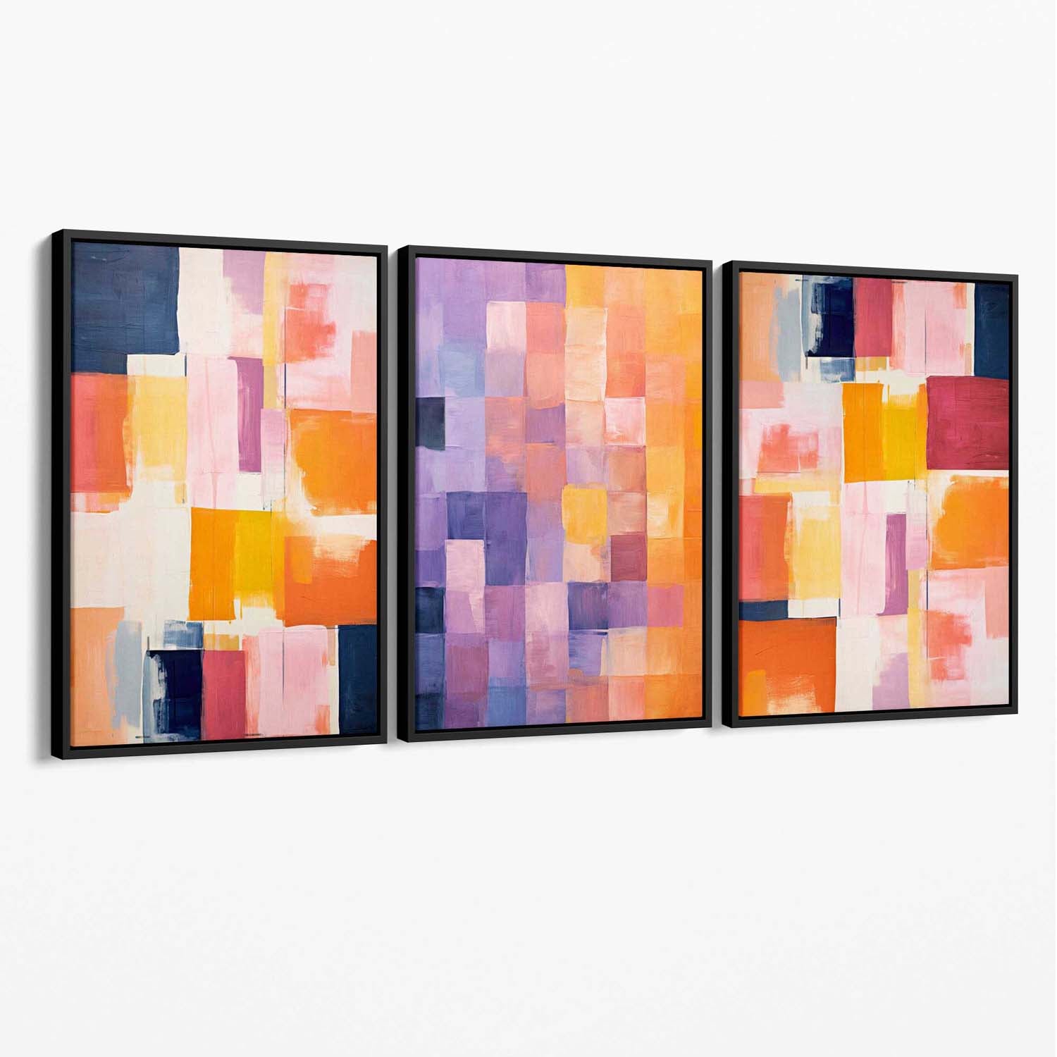 Set of 3 Purple and Pink Abstract Canvas Art Prints with Black Float Frame