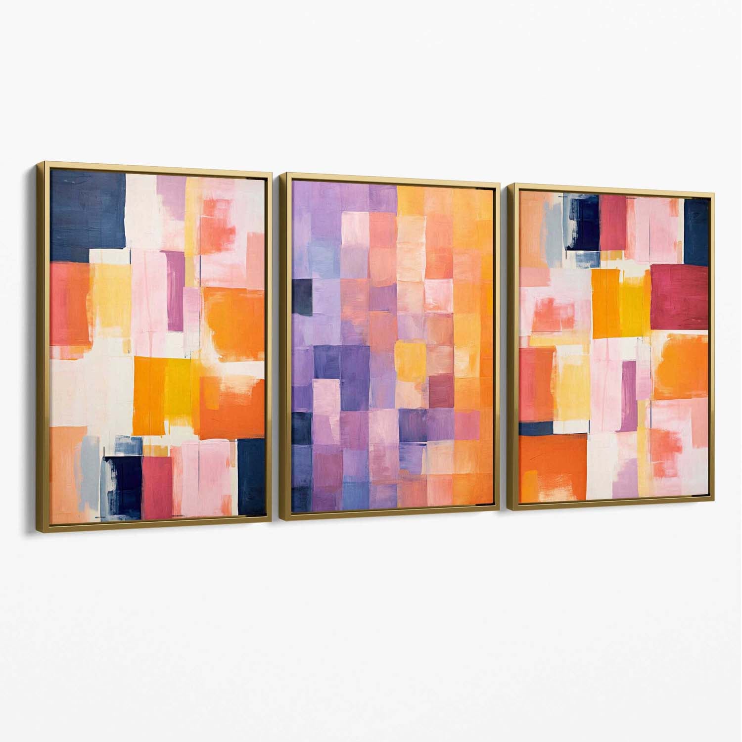 Set of 3 Purple and Pink Abstract Canvas Art Prints with Gold Float Frame