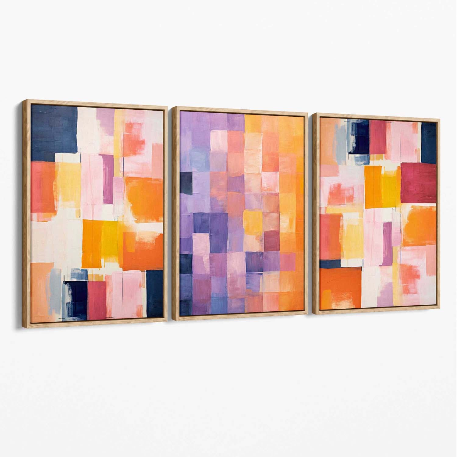 Set of 3 Purple and Pink Abstract Canvas Art Prints with Oak Float Frame