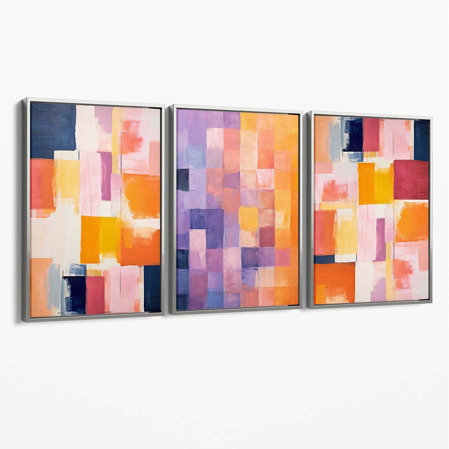 Set of 3 Purple and Pink Abstract Canvas Art Prints with Silver Float Frame