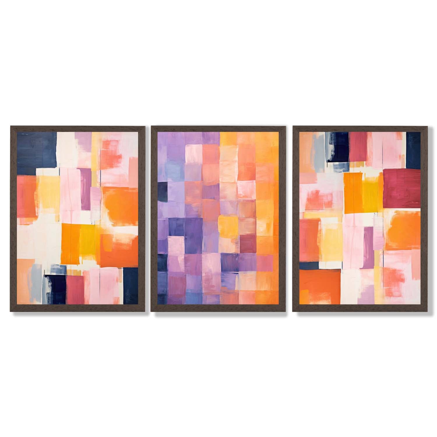 Set of 3 Purple and Pink Abstract Framed Art Prints with Dark Wood Frames